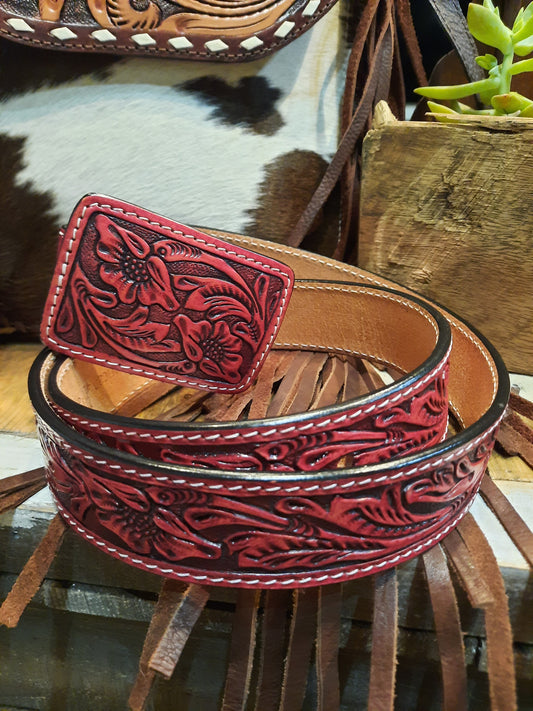 Red Tooled Leather Belt & Buckle