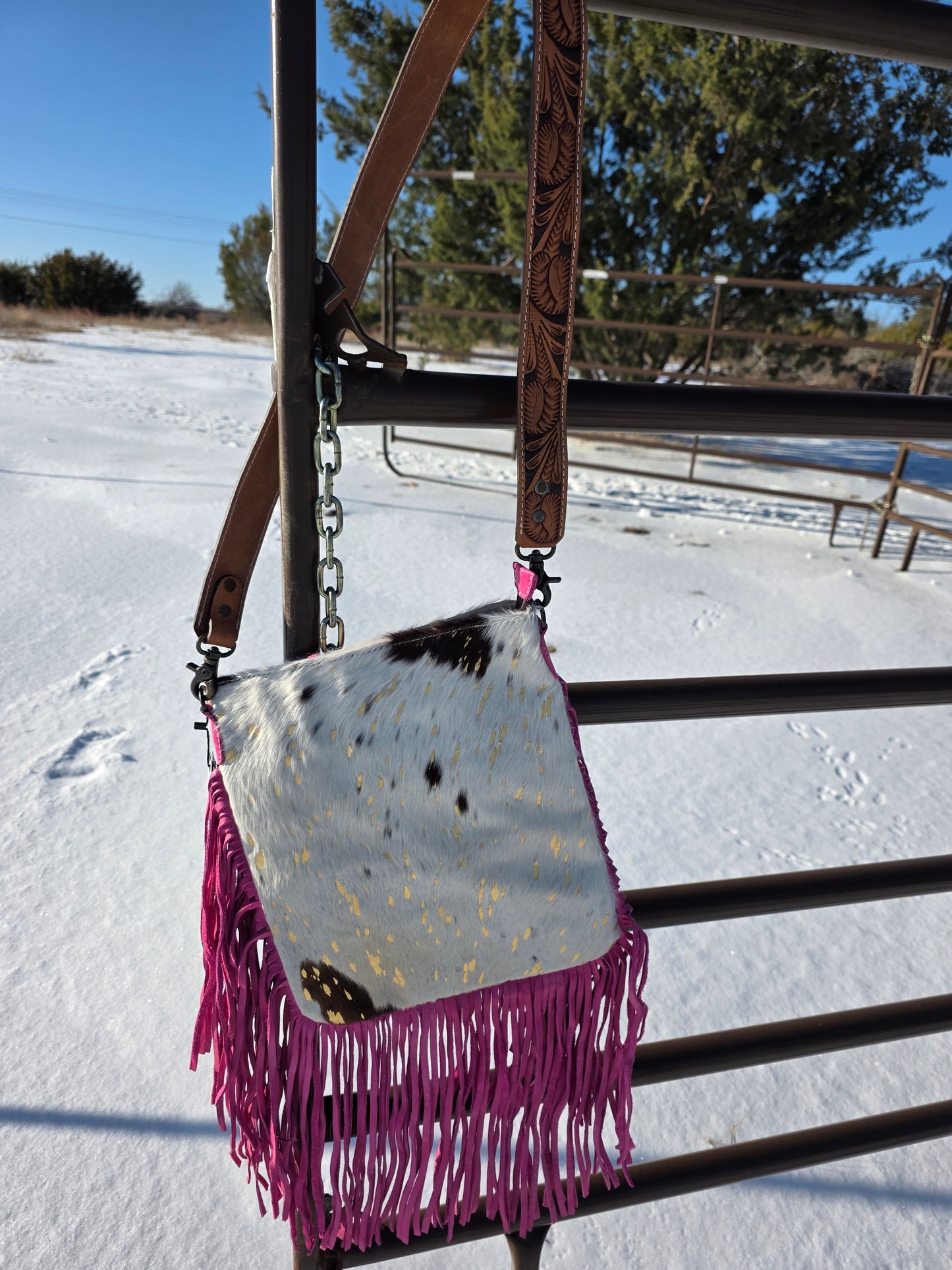 Pink Fringe Cowhide Handbag